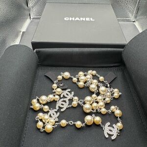 CHANEL  Silver Logo Pearl Necklace
